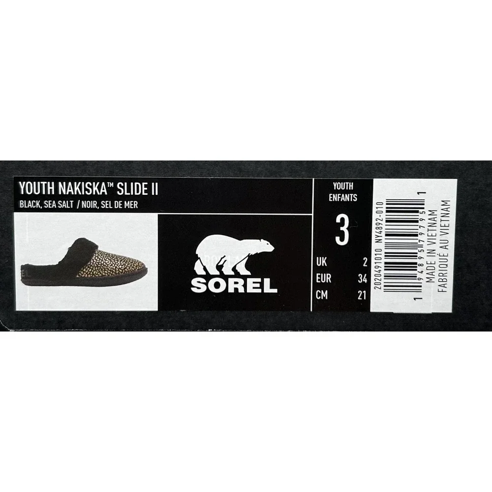 SOREL Nakiska Youth Girls Faux Fur Slippers Size 3 Black Gold‎ Animal Print